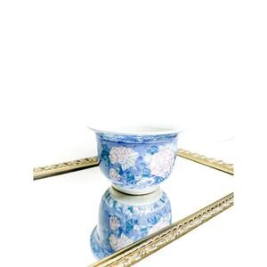 Vintage Asian Jardinière Planter 7" Wide by 4 1/4" Tall Blue and White with Pink